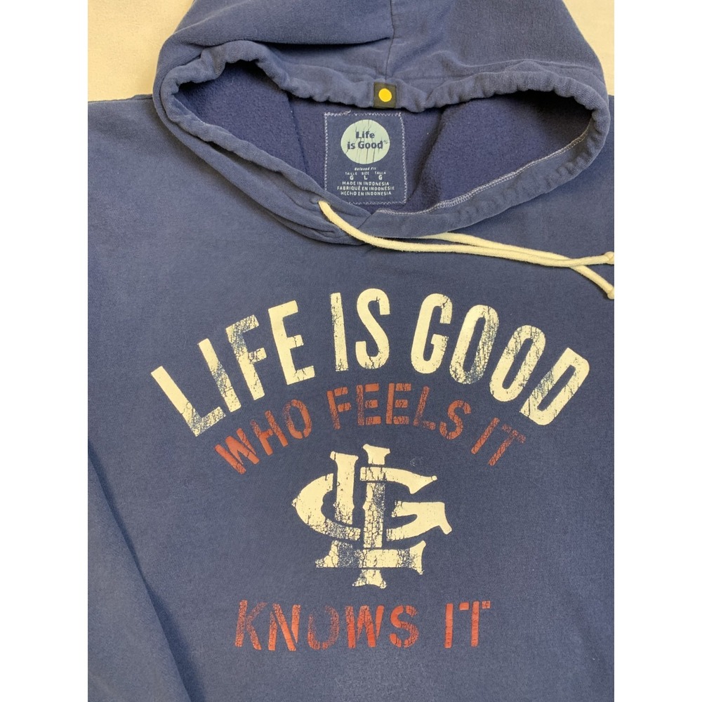 Life Is Good Hoodie Mens Large Blue Graphic Pullover Casual Comfort